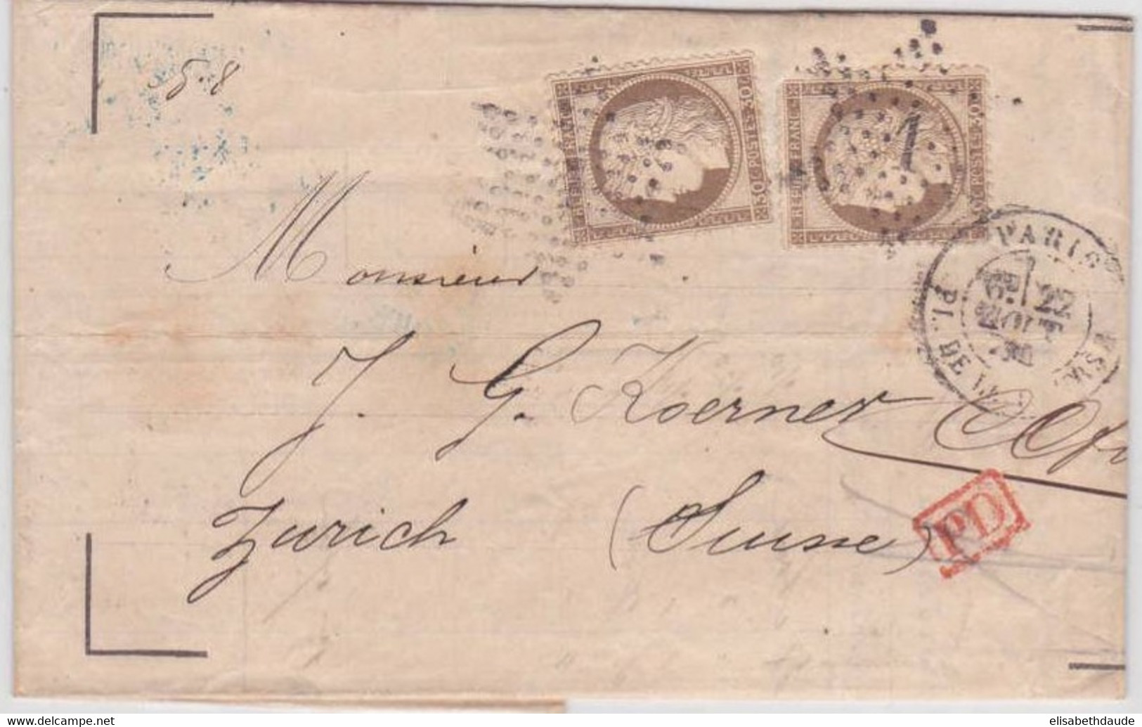 1874 - CERES - YVERT N°56 X2 DOUBLE PORT Sur LETTRE De PARIS Pour ZÜRICH (SUISSE) - 1871-1875 Cérès