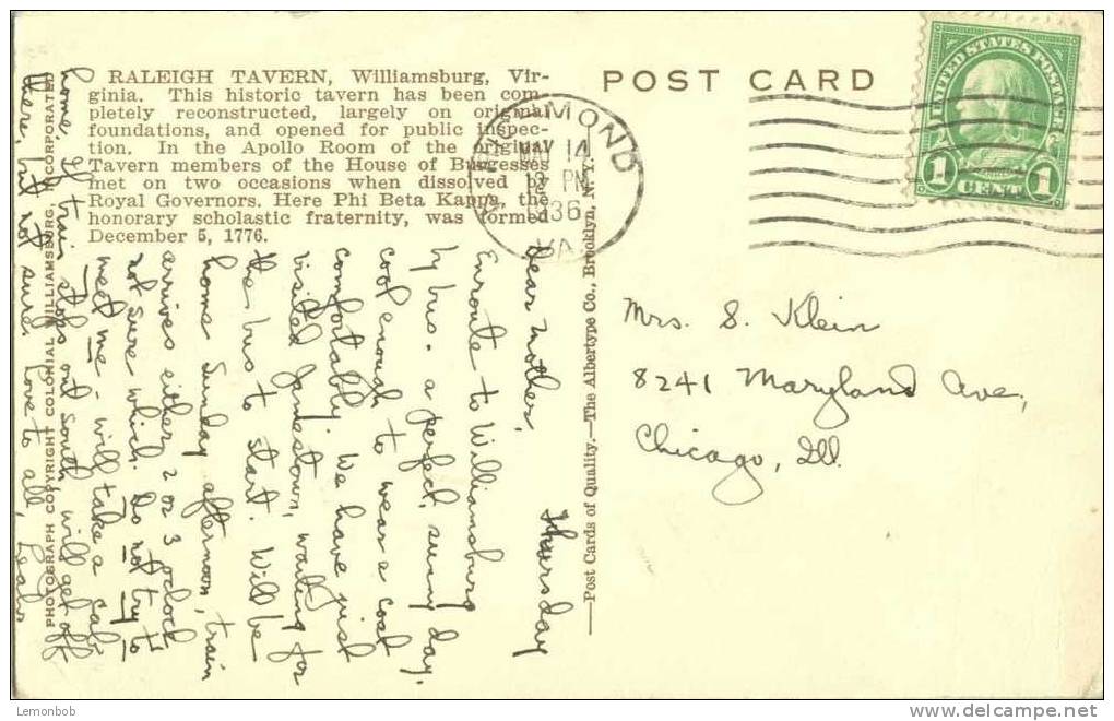 USA – United States – The Raleigh Tavern, Williamsburg, Virginia 1936 Used Postcard [P3385] - Altri & Non Classificati