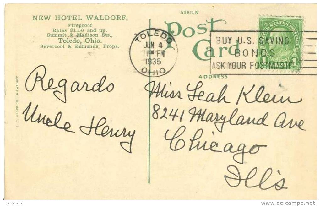 USA – United States – Main Lobby, New Hotel Waldorf, Toledo, Ohio 1935 Used Postcard [P3387] - Toledo
