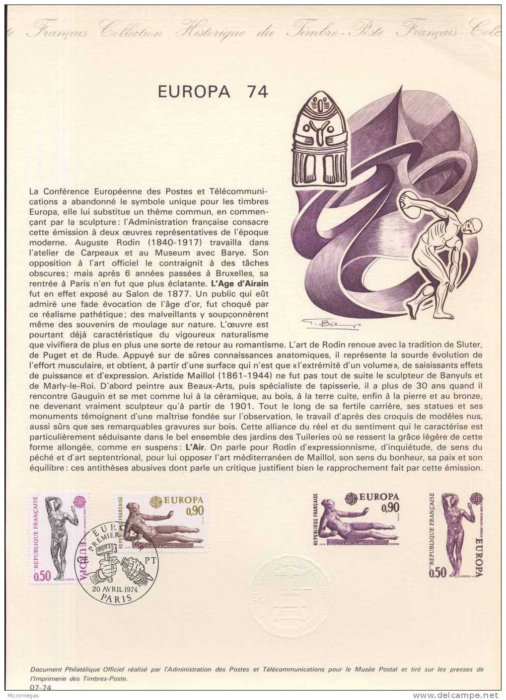 Document Philatélique Officiel De La Poste - Europa 74 - Paris 20-04-1974 - Documenti Della Posta