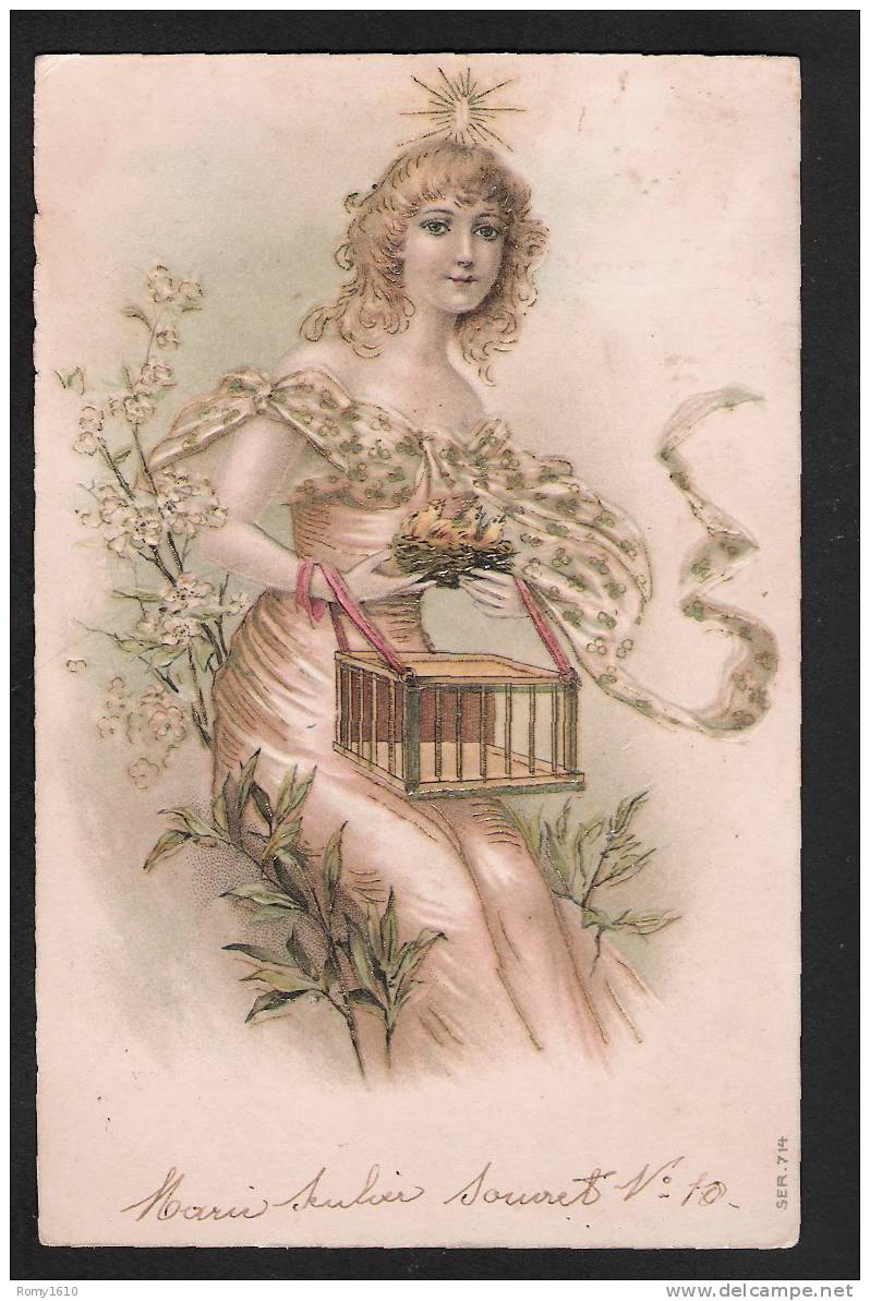 Carte Artistique Avec Impression En Relief Et Fines Dorures. Jeune Fille, Cage, Oiseaux Dans Nid.  Voyagé En 1900. - 1900-1949