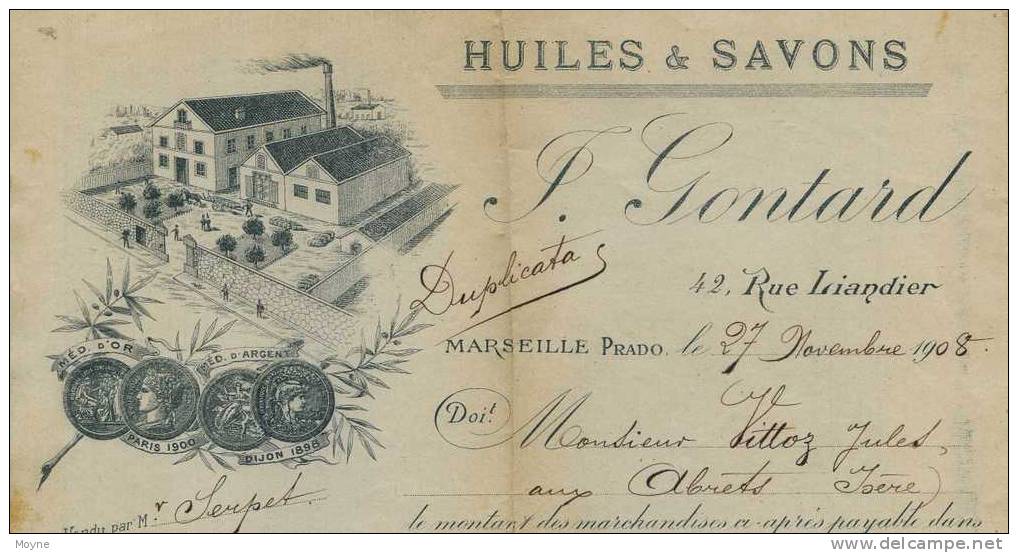 B Du R -  MARSEILLE  PRADO -  FACTURE -  HUILES & SAVONS : Prop : J. GONTARD -  27 NOV.1908  (entete Different ) - Factures