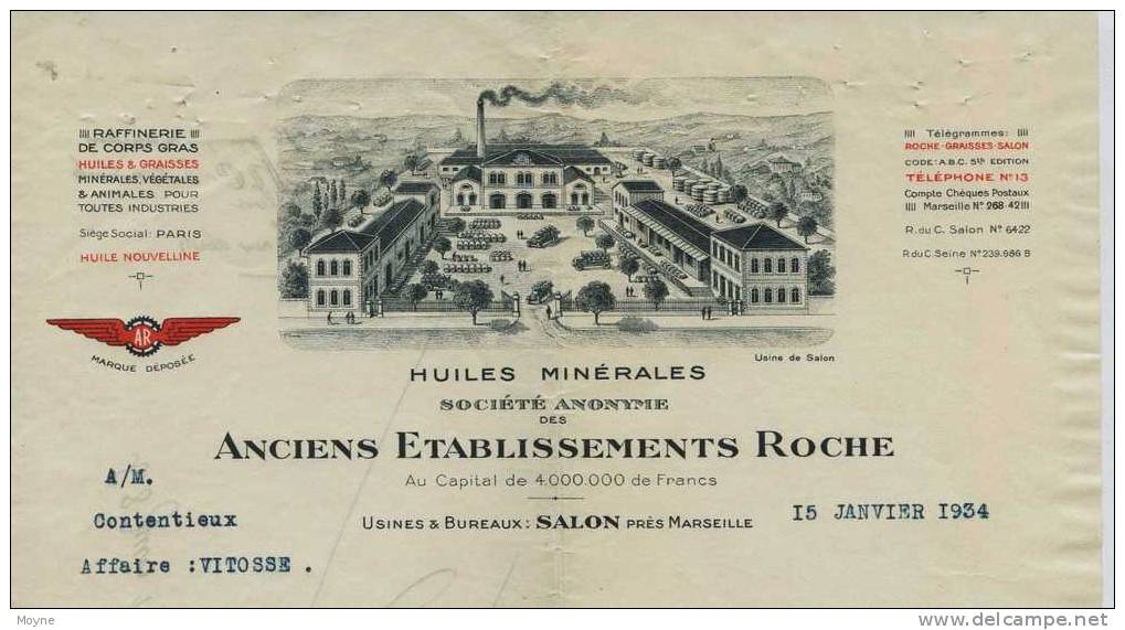 B Du R -  SALON  Prés MARSEILLE -  FACTURE -  HUILES MINERALES : Anciens Ets ROCHE -  15 Janv. 1934 - Rechnungen