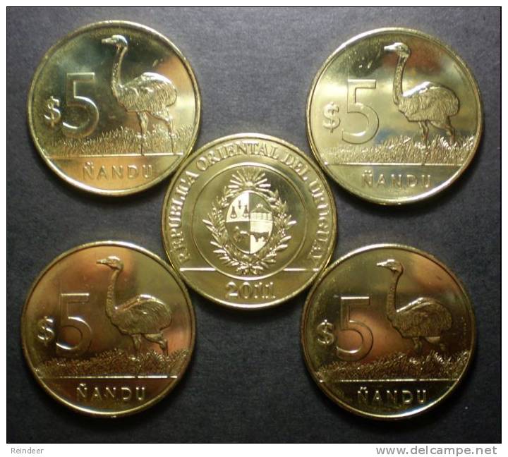 ® URUGUAY: Nueva Moneda $5 (2011) Animal: ñandú - LOTE X5 - Uruguay