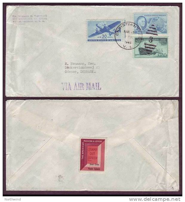 DWI (Antilles Danoises) -  U.S. Virgin Islands Airmail To Denmark, 10/5/1946. Nice Charity Seal On Backside.U.S. - Dänische Antillen (Westindien)