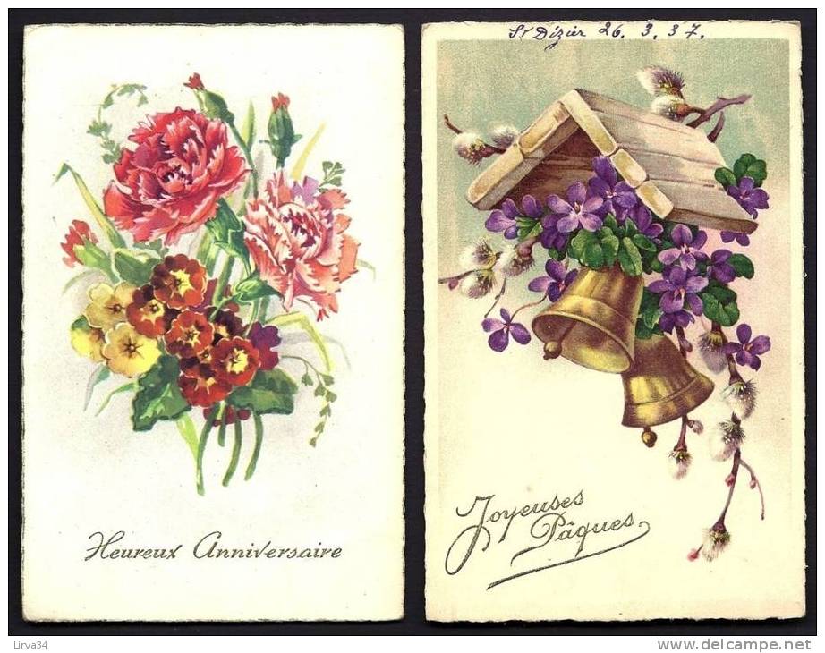 LOT 4 CPA  ANCIENNES- FRANCE : FANTAISIE- PÂQUES- POUSSIN GAUFRÉ- ROSES BLANCHES- CLOCHES- FLEURS - Pâques