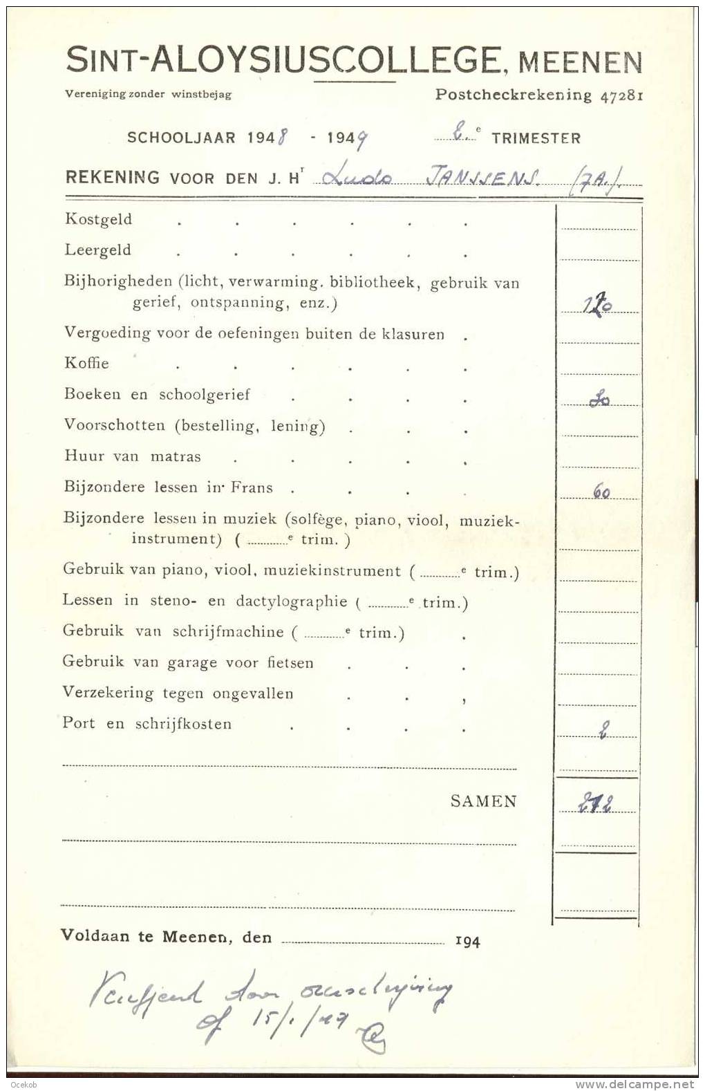 Menen / Menin  - Factuur - Sint-Aloysiuscollege - Ludo Janssens - 1948-1949 - Altri & Non Classificati