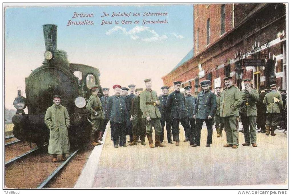 Brüssel Bahnhof Schaerbeek Grande Guerre 14.18 Soldats Allemands Color Feldpost 20.4.1915 Gelaufen Locomotive à Vapeur - Chemins De Fer, Gares