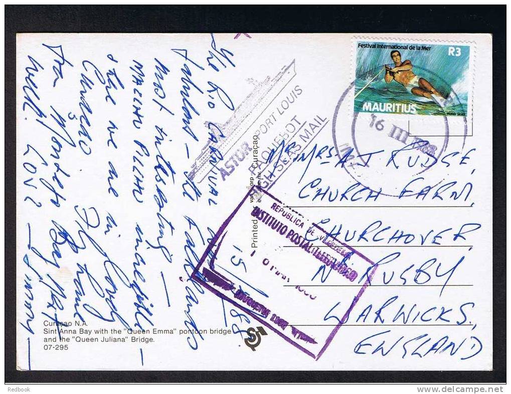 RB 720 - Amazing Range Of Cachets - Curacao Postcard With Mauritius Stamp - Astor Port Louis Paquebot - Venezuela - Other & Unclassified