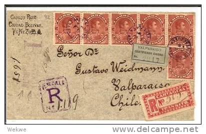 Ven067/ VENEZUEL Registered TChile 1898. Ciudad Bolívar Vía La Guaria, Cartagena, Panamá . Very Rare  Múltiple Franking. - Venezuela