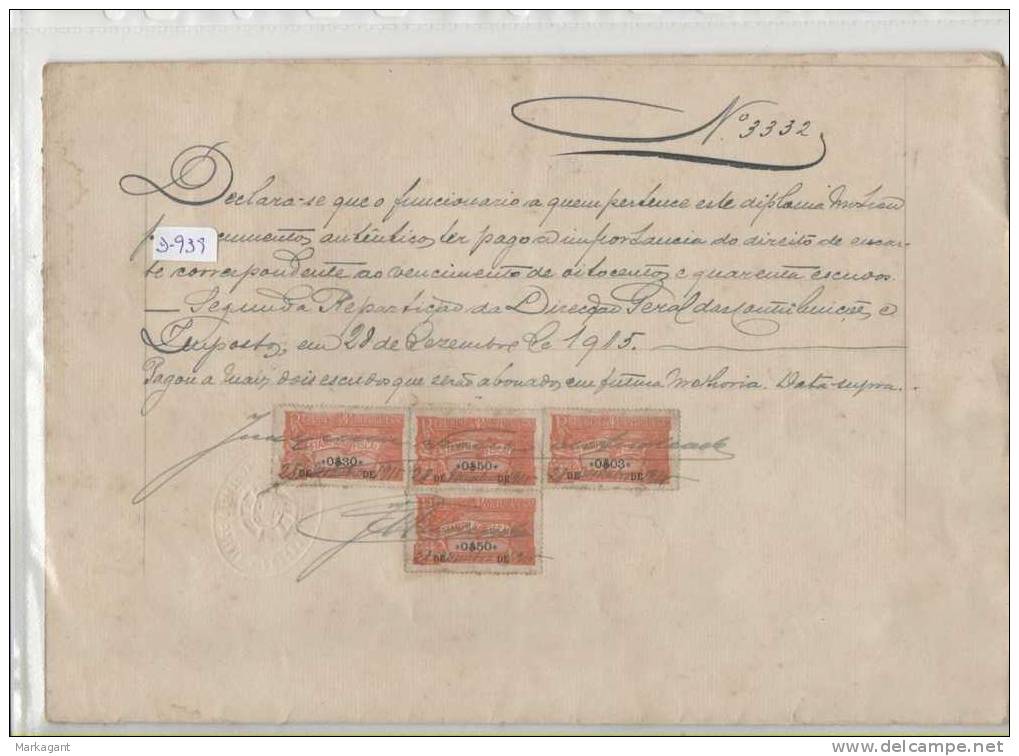 Selos Fiscais Da 1ª República Sobre Diploma  - Pasta #1 - Brieven En Documenten