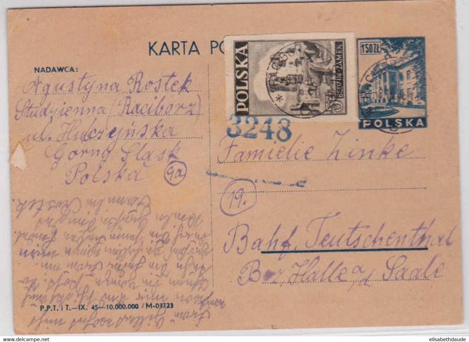 POLOGNE - 1946 - CARTE POSTALE ENTIER De RACIBORZ Pour HALLE (ALLEMAGNE) - Interi Postali