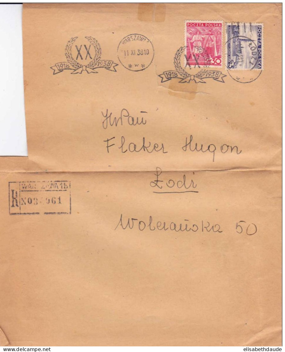 POLOGNE - 1938 - YVERT N°391+406 Sur FRAGMENT De LETTRE RECOMMANDEE De VARSOVIE Pour LODZ - Cartas & Documentos