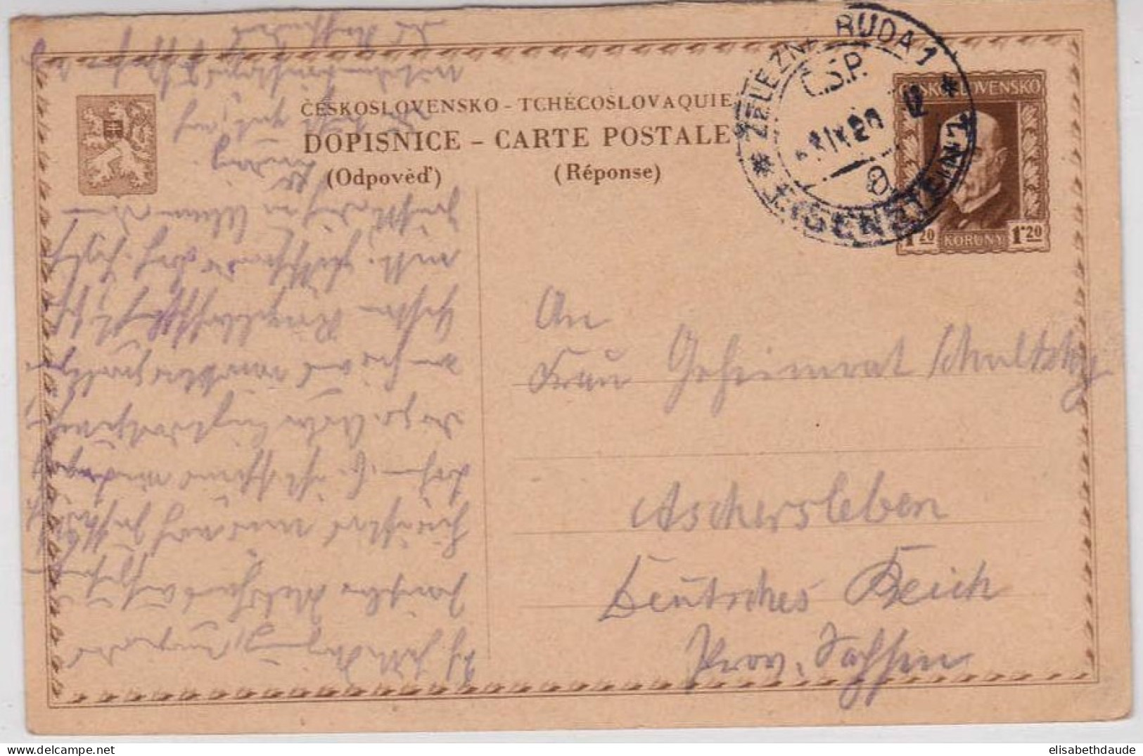 TCHECOSLOVAQUIE - 1929 - CP ENTIER "REPONSE" ! De ZELEZNA RUDA Pour ASCHERSLEBEN (ALLEMAGNE) - Cartes Postales