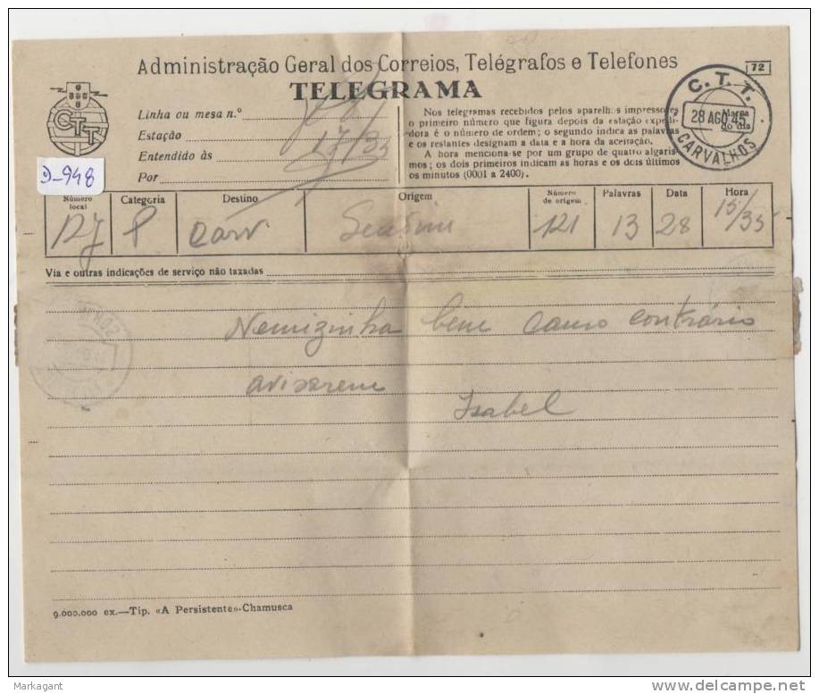 Carvalhos Telegrama 28-AGO-1945  - Pasta # 1 - Storia Postale