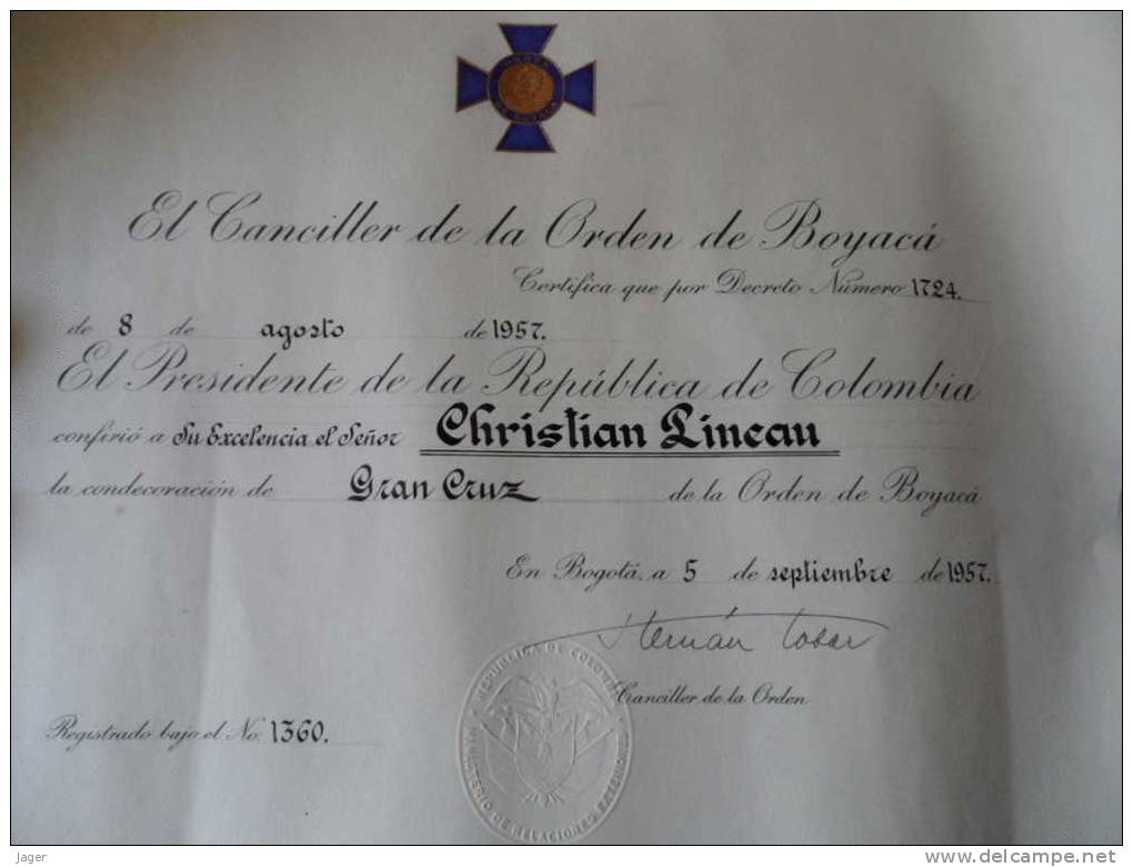 Diplome Orden  De Boyaca  Colombie  Diplome De Médaille  Decoration - Documents