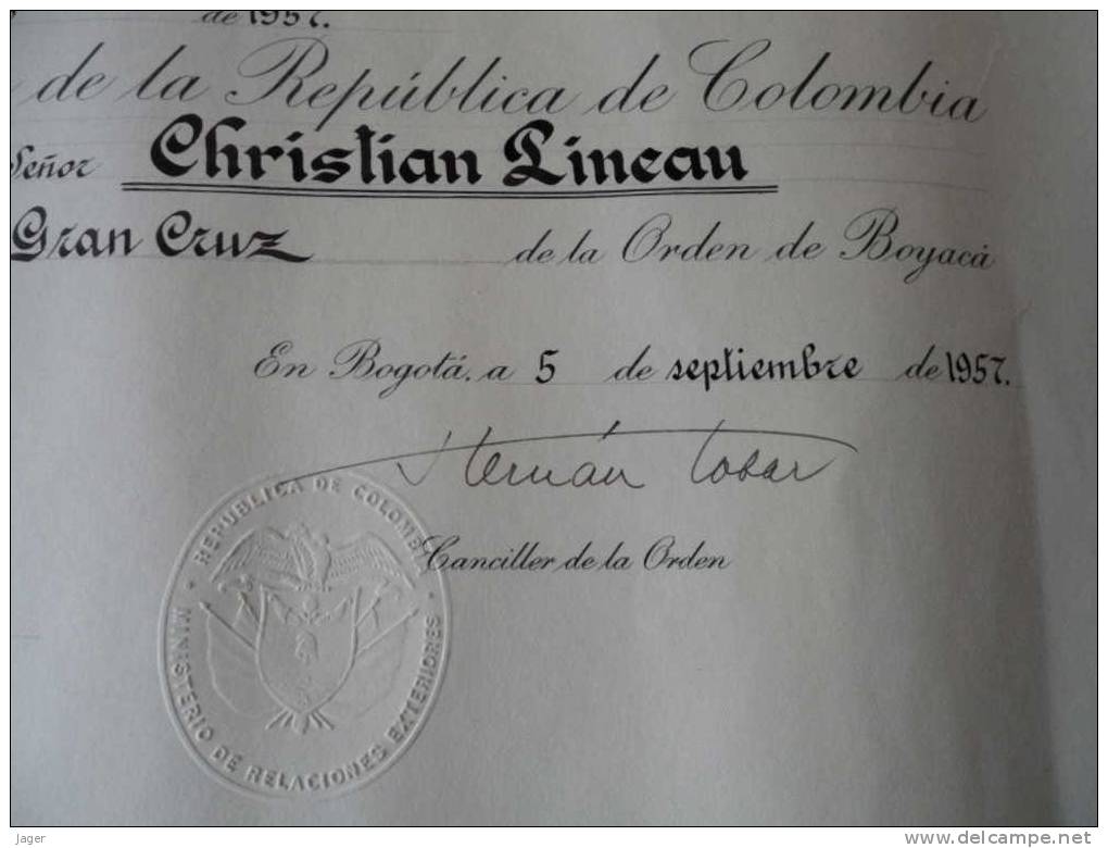 Diplome Orden  De Boyaca  Colombie  Diplome De Médaille  Decoration - Documents