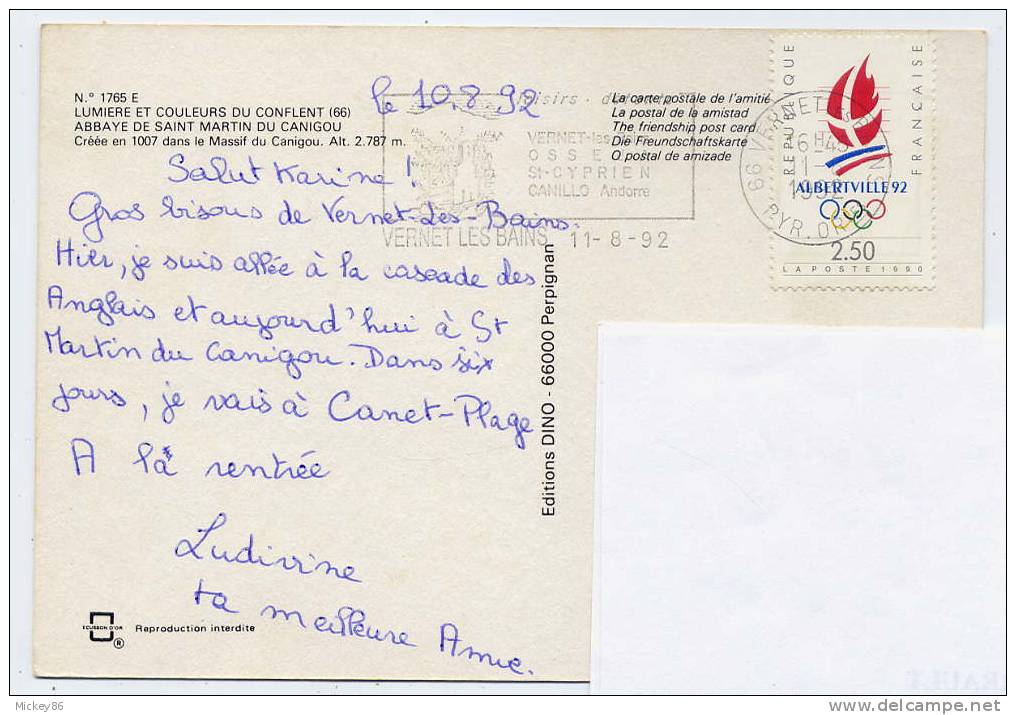 Datée 1992-tp N° 2632--Logo Jeux Olympiques Albertville  Seul Sur Carte Postale St Martin Du Canigou-66--(vierge) - Invierno 1992: Albertville