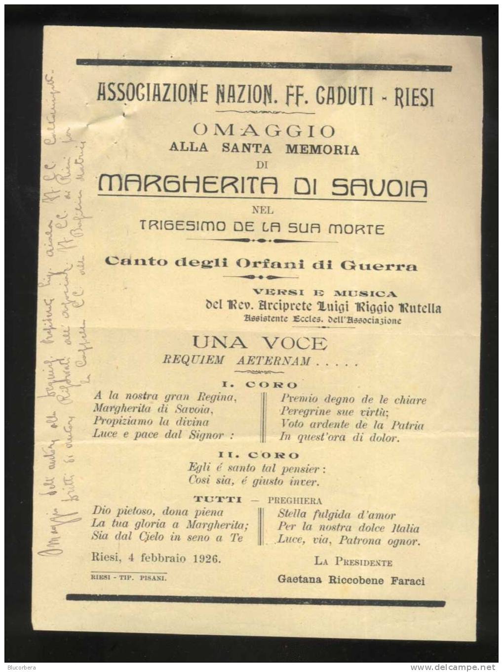 FOGLIETTO TRIGESIMO MARIA DI SAVOIA RIESI 1926 - N. 2 Pezzi - - Altri & Non Classificati