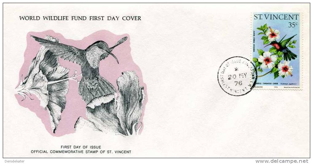 St.Vincent 1976. Purple Throated Carib. Eulampis Jugularis. Hibiscus.Colibri. Kuif Kolibrie.Kingstown. FDC WWF. New! - Colibríes