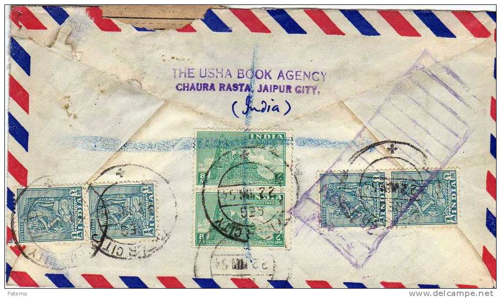 Carta, Aerea, Certificada JAIPUR CITY 1954, India, Cover, Letter, Lineal - Luftpost