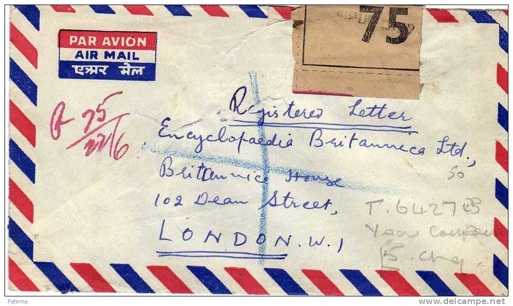 Carta, Aerea, Certificada JAIPUR CITY 1954, India, Cover, Letter, Lineal - Poste Aérienne