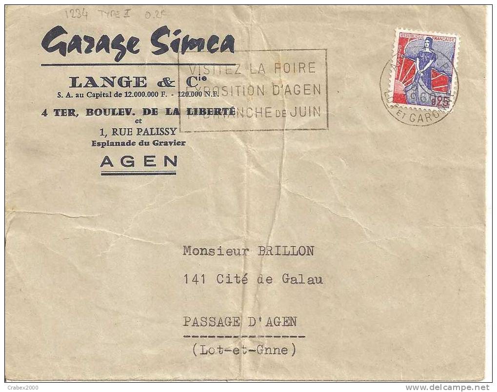 Ny&t 1234     LETTRE  COMMERCIALE  AGEN Vers   PASSAGE D´AGEN Le 28 MAI 1960 - Lettres & Documents