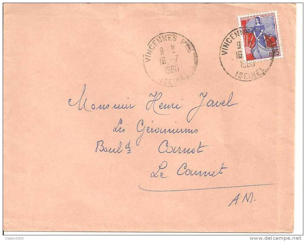 Ny&t 1234 VINCENNES Vers   LE CANNET  Le 16 JUILLET 1960 - Covers & Documents