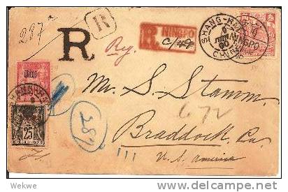 CH-AP033/  CHINA -  RARE, Ningpo Registered Cover, Combined Franking Via French P.O. Shanghai To USA 1900 - Briefe U. Dokumente