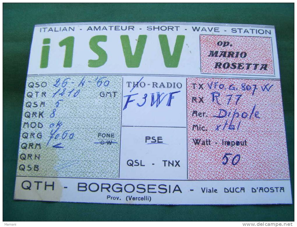 Carte Radio Amateur-I 1 S V V -mario Rosetta  Qth-borgosesia-italie- - Altri & Non Classificati