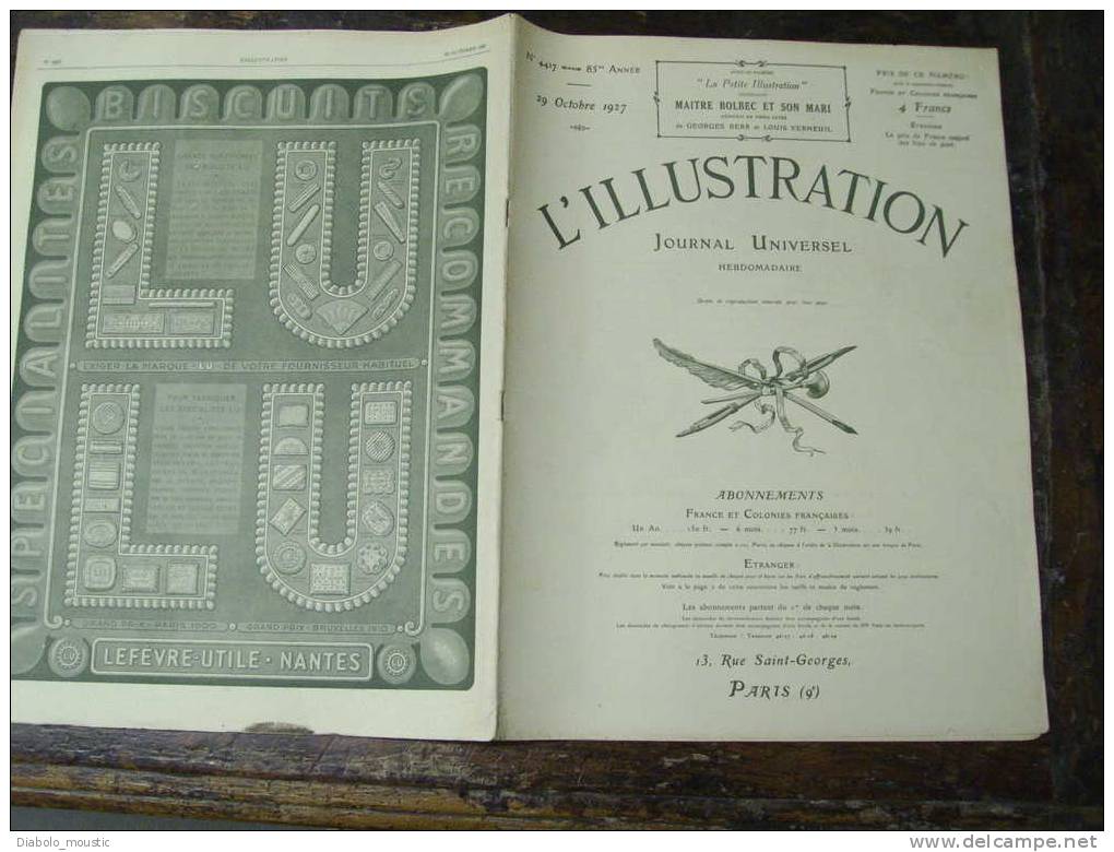 1927 PUBS Autos Etc..; J.J. ROUSSEAU ; Aviation Postale ; Chez FIGARO ; OLYMPE ; Vivarium ; MEXIQUE éxécution ; ANTILLES - L'Illustration