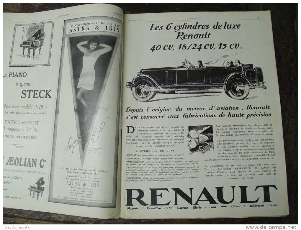 1927 PUBS Autos Etc..; J.J. ROUSSEAU ; Aviation Postale ; Chez FIGARO ; OLYMPE ; Vivarium ; MEXIQUE éxécution ; ANTILLES - L'Illustration