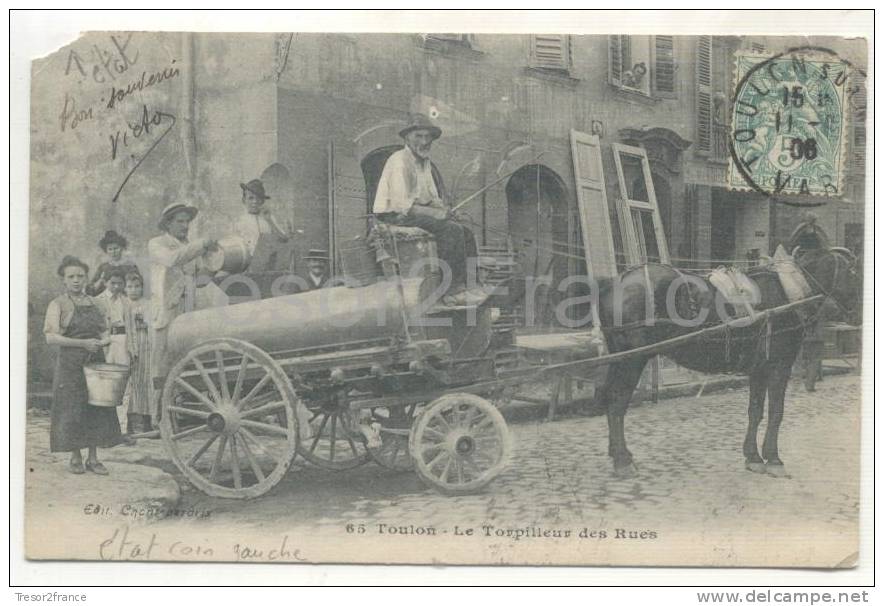 Toulon 1906. Service De Ramassage De Tinettes. Torpilleur Des Rues. Gros Plan, Attelage, Vidangeur, Toupines, Menuiserie - Toulon