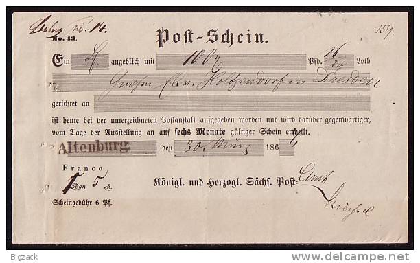 Post-Schein Altenburg 30.3.1864 Ansehen !!!!!!!!!!!!! - Vorphilatelie