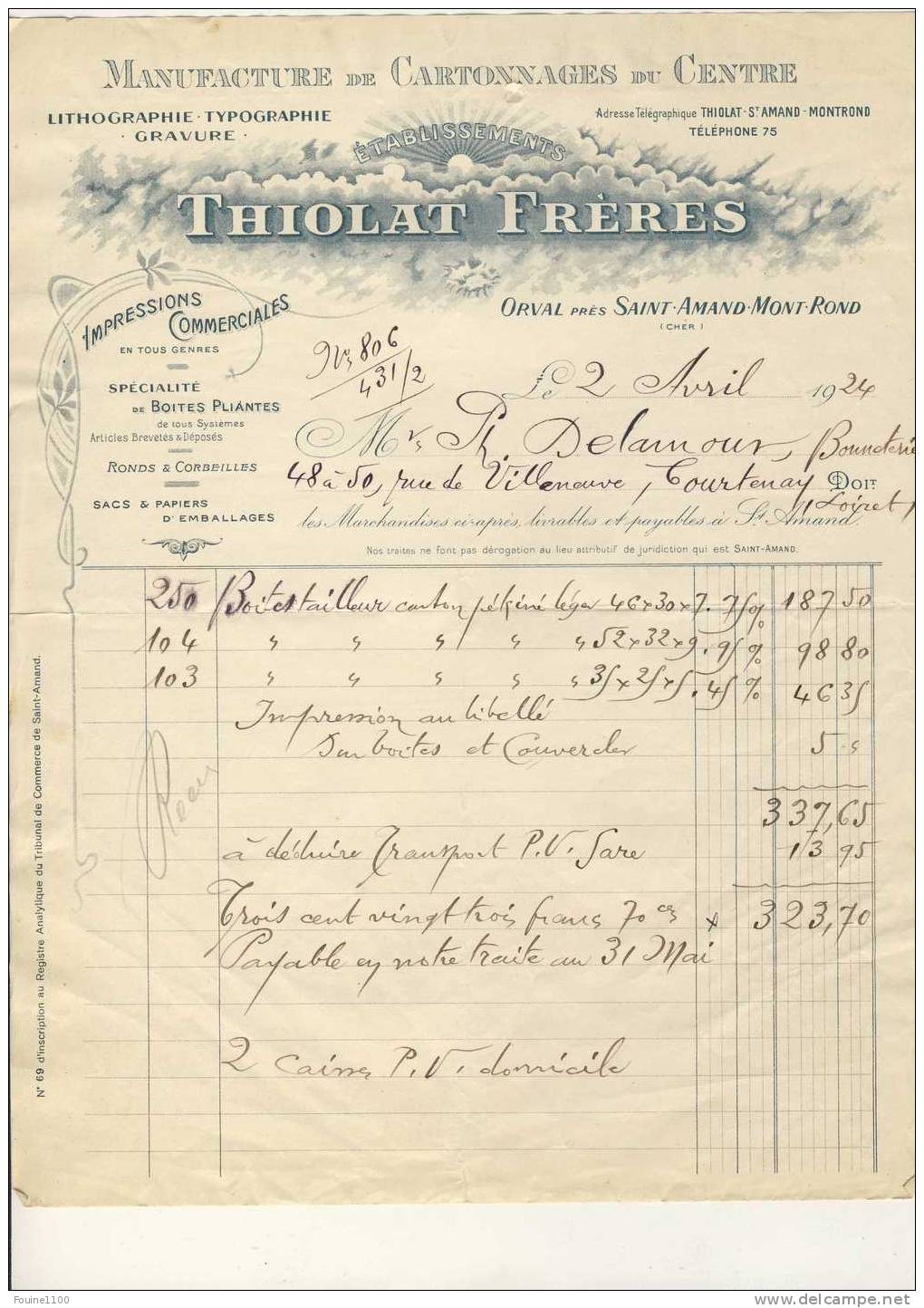 Manufacture De Cartonnage Du Centre THIOLAT Frères à Orval Près De Saint Amand Montrond 1924 ( 18 Cher ) ( Recto Verso ) - 1900 – 1949