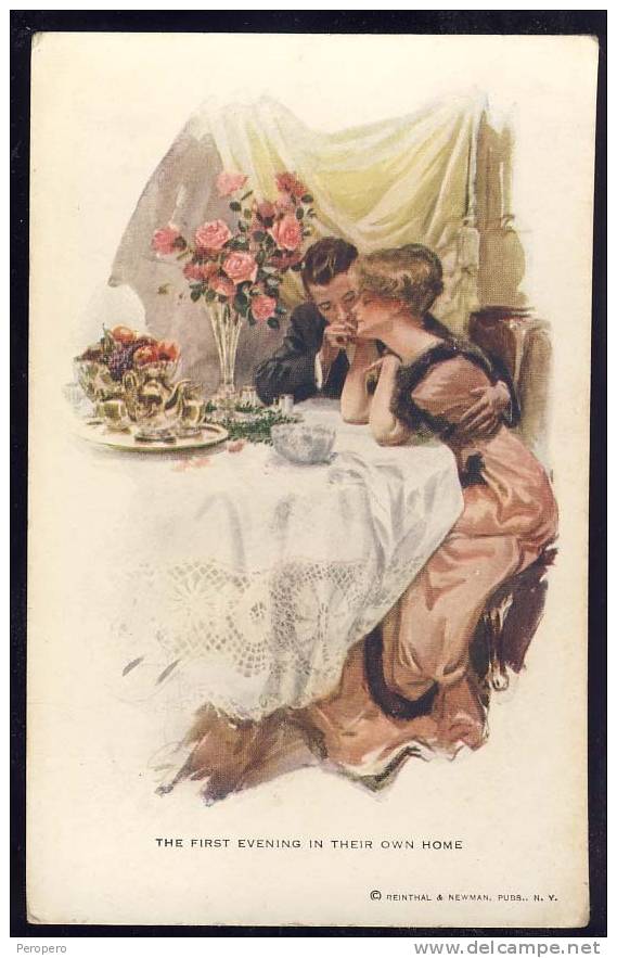 HARRISON FISHER Signed   "THE FIRST EVENING IN THEIR OWN HOME"    Old Postcard 1912. - Fisher, Harrison