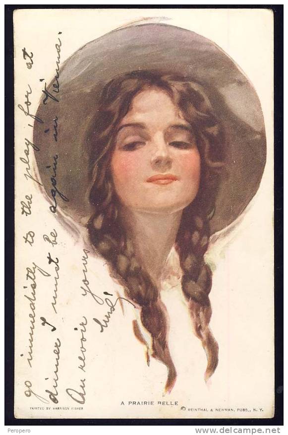 HARRISON FISHER Signed   "A PRAIRIE BELLE"    Old Postcard 1914. - Fisher, Harrison