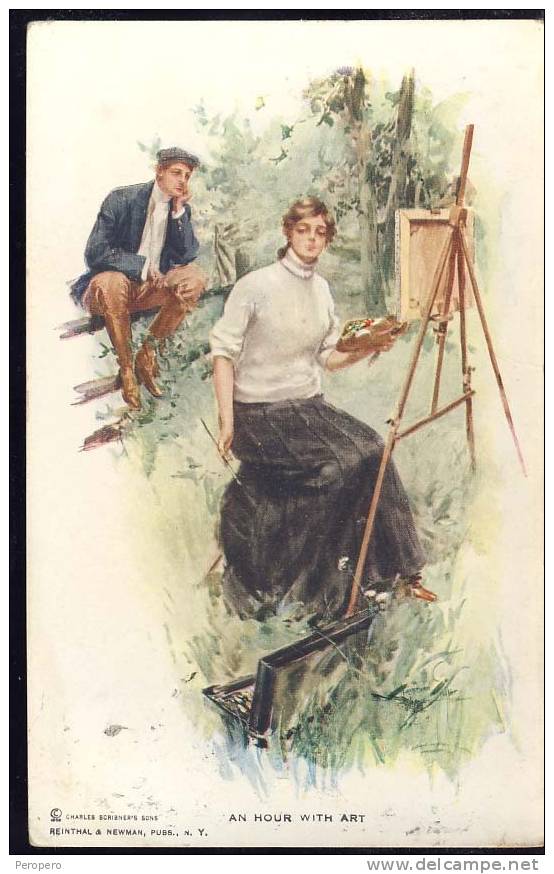 HARRISON FISHER Signed   "AN HOUR WITH ART"    Old Postcard 1912. - Fisher, Harrison