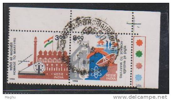 Se-tenent Pair, India Used 1998, Homage To Martyrs, Freedom Struggle, Science,  Flag, Physics, Antartica - Usati