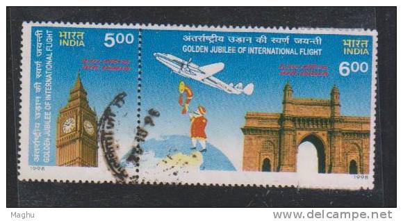 Se-tenent Pair, India Used 1998, Golden Jubilee, Air- India,  Airplane, Clock, Maharaja, - Used Stamps