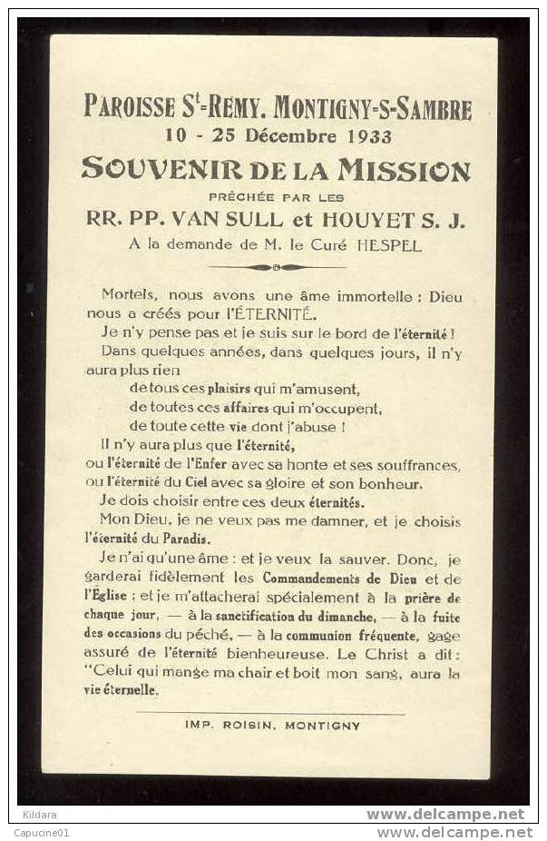 MONTIGNY Sur Sambre : Souvenir Mission Préchée Par Le RR; PP. Van Sull Et Houyet S. J. 1933 - Other & Unclassified