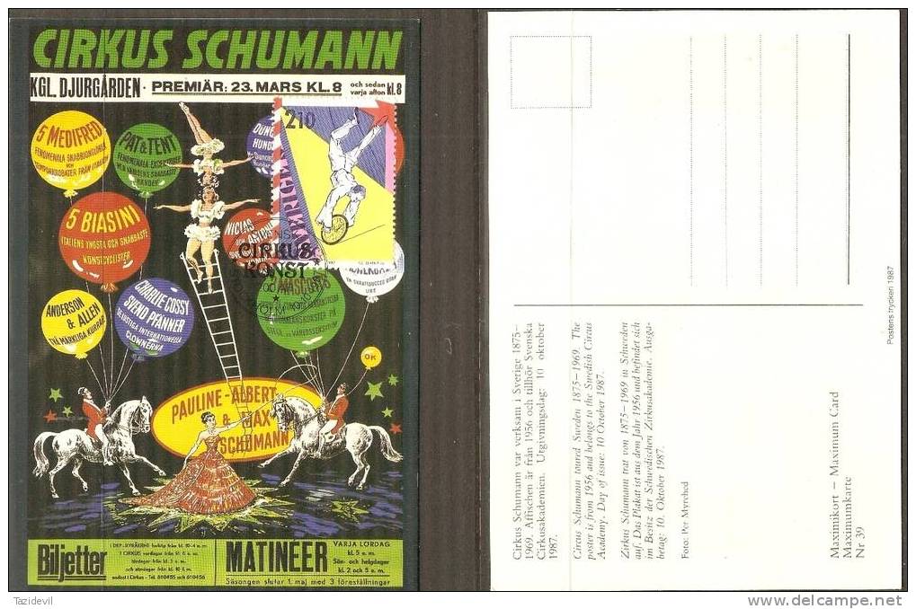 SWEDEN - 1987 Schumann Circus Maximum Card No 38 - Horses - Maximum Cards & Covers