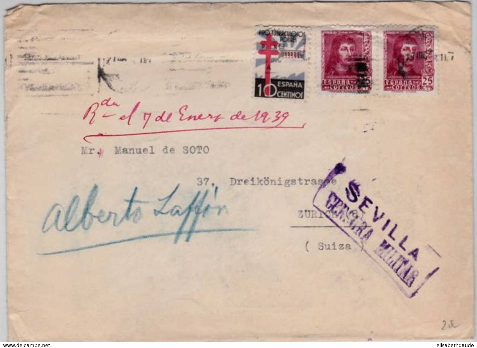 ESPAGNE - 1938 - LETTRE De SEVILLA Avec CENSURE + VIGNETTES PRO SEVILLA AU DOS ET TUBERCULOSE => ZÜRICH (SUISSE) - Beneficiencia (Sellos De)