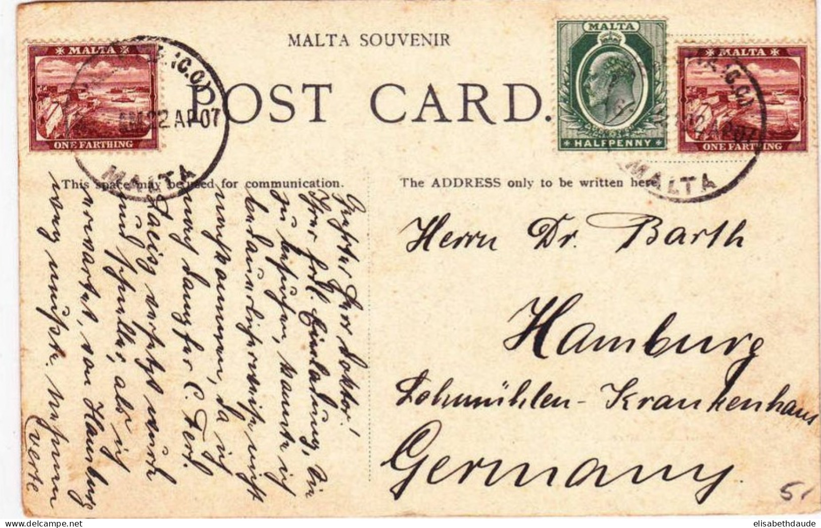 MALTA - 1907 - CARTE POSTALE De LA VALETTA Pour HAMBURG (ALLEMAGNE) - Malte (...-1964)