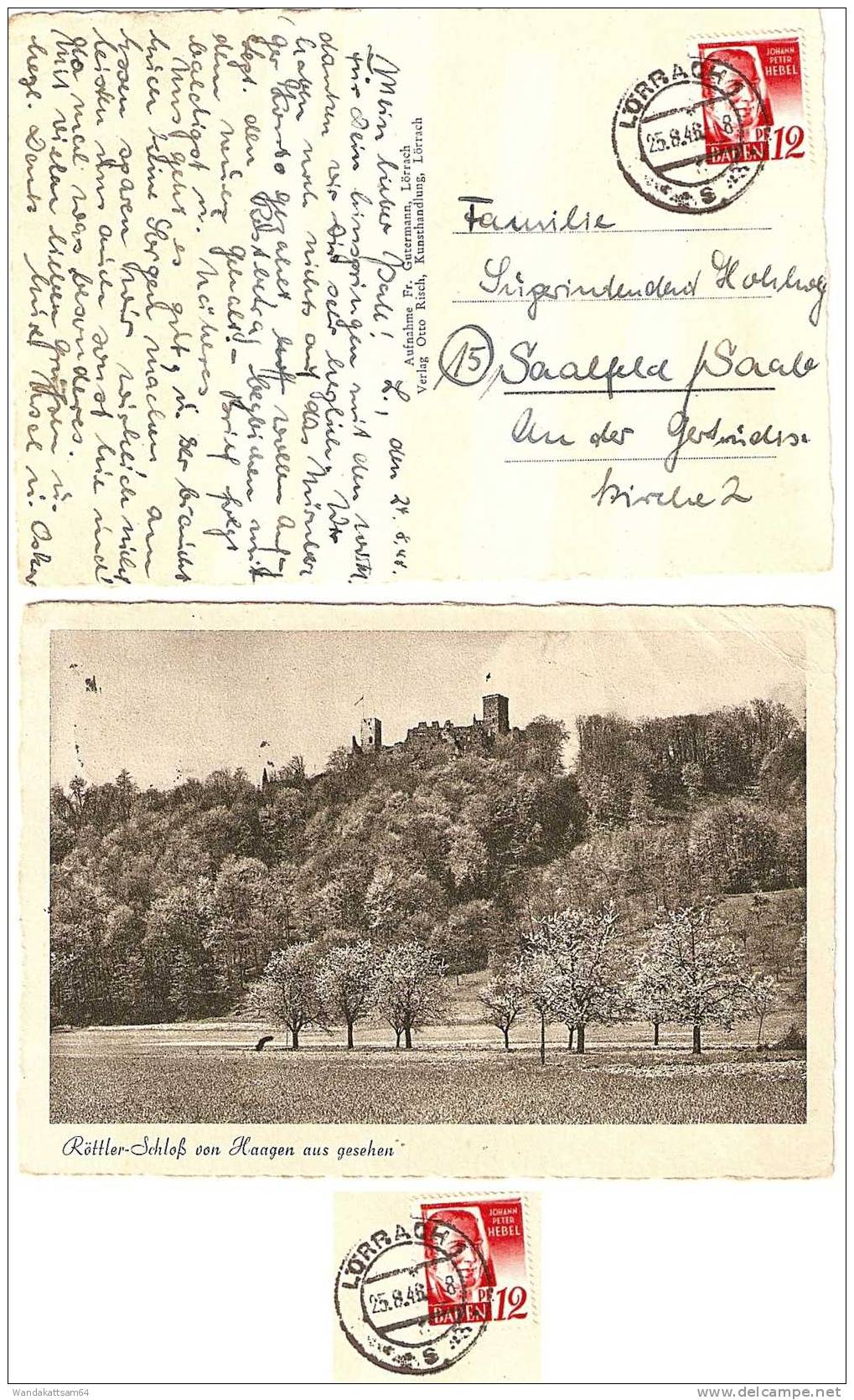 AK Röttler-Schloß Von Haagen Aus Gesehen 25. 8.48 -- 8 LÖRRACH 1 S Nach Saalfeld / Saale Mit 1 X 12 PF BADEN "Johann Pe - Loerrach