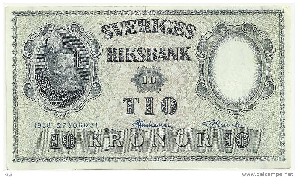 SWEDEN 10 KRONOR BLUE MAN  FRONT MOTIF BACK DATED 1958 P43f AVF READ DESCRIPTION !! - Suède