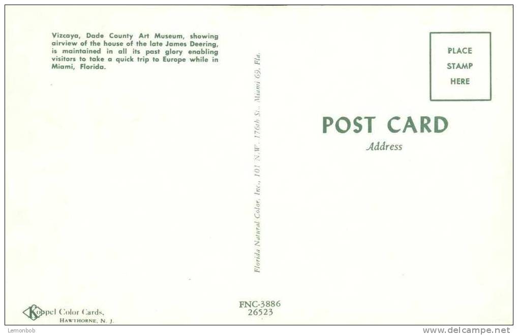 USA – United States – Vizcaya, Dade County Art Museum Air View Of The House, Miami, Florida Unused Postcard [P3449] - Miami
