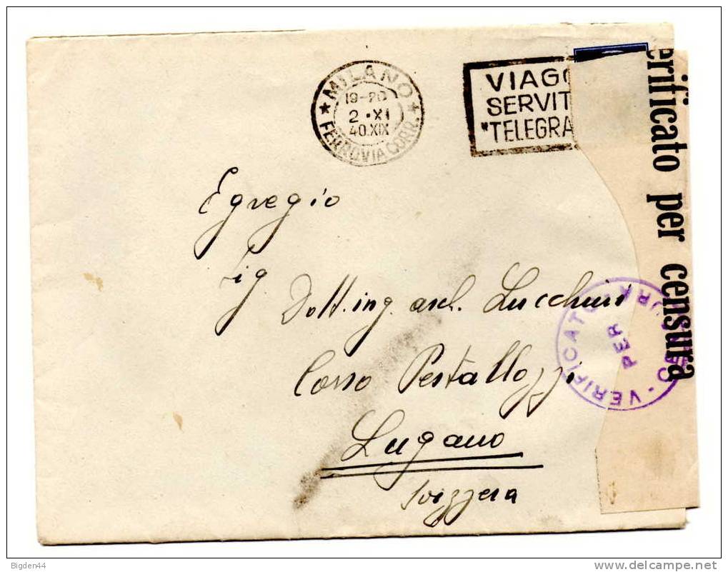 Lettre De Milan (2.11.1940) Pour Lugano_Censure Italienne - Poste Militaire (PM)