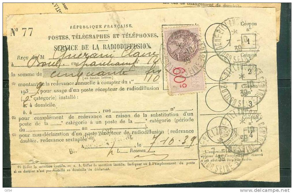 Quittance Service De La Radiodiffusion De 1939 , Oblitéré CAD Boulogne Billancourt Sur Fiscal 60 Centimes - Bb116 - Radio-uitzending