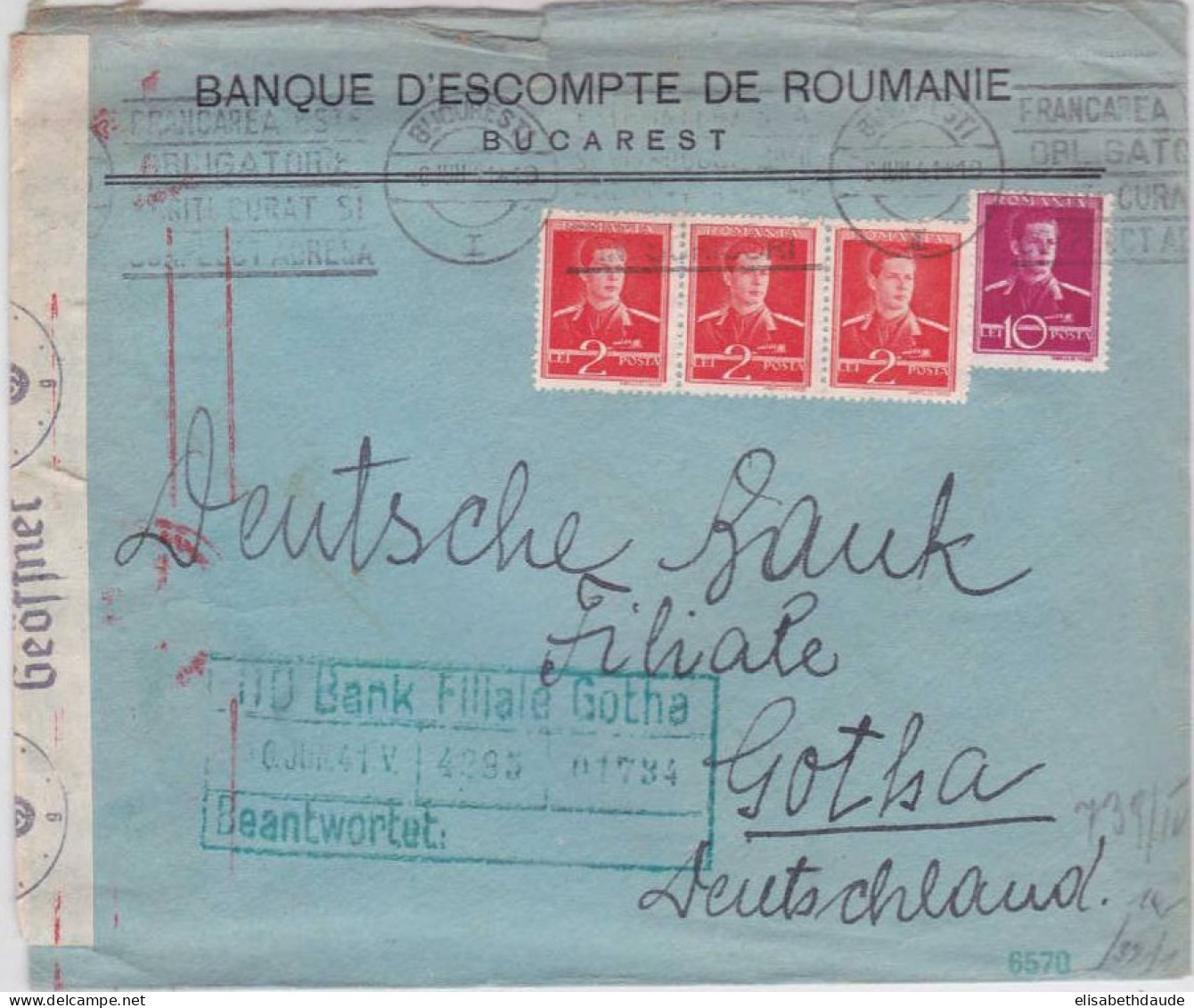 ROUMANIE - 1941 - LETTRE COMMERCIALE Avec CENSURE De BUCAREST Pour GOTHA (ALLEMAGNE) - Cartas & Documentos